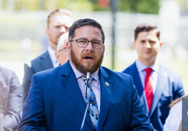 California Assemblymember Juan Alanis, R-Modesto, speaks at a news conference where California Assemblymembers, law enforcement officials, and local representatives propose to put stricter fentanyl enforcement on the upcoming 2024 ballot, in front of the State Capitol in Sacramento on June 6, 2023. (Courtesy of Assembly Republican Caucus)