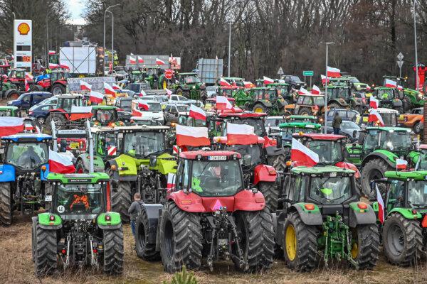 Farmers protest with their tractors near Sulechow, Poland, on Feb. 20, 2024. (Wladyslaw Czulak/Agencja Wyborcza.pl via Reuters)