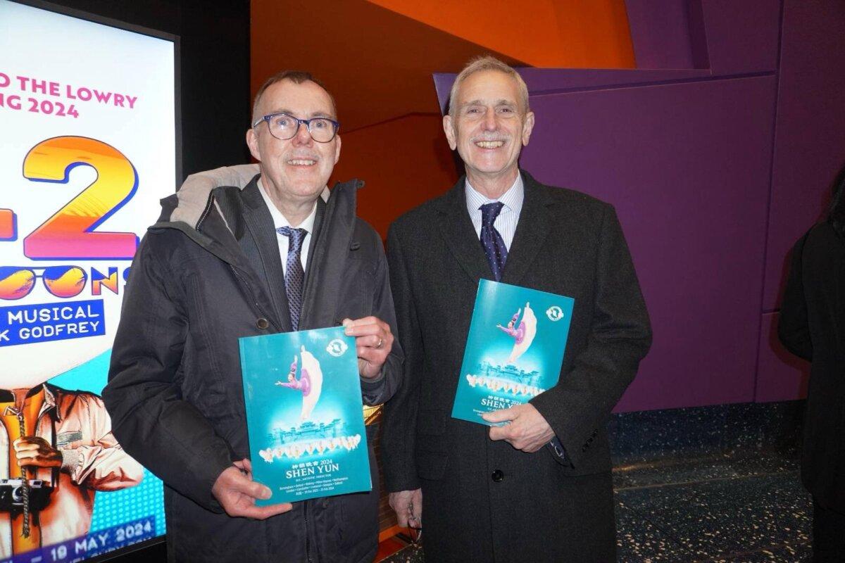 Jim Berry and Jim Cam attended a performance of Shen Yun Performing Arts at the Lowry Salford, in Salford, UK, on Feb. 22, 2024. (Mary Mann/The Epoch Times)