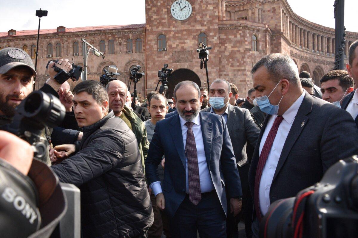 Armenian Prime Minister Nikol Pashinyan meets with his supporters gathered on Republic Square in downtown Yerevan on Feb. 25, 2021. (Karen Minasyan/AFP via Getty Images)