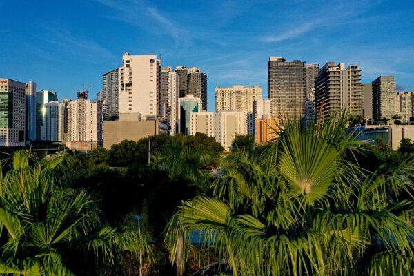 The City of Miami skyline, where many renters reside in the apartment buildings, in Miami on Sept. 29, 2021. (Joe Raedle/Getty Images)