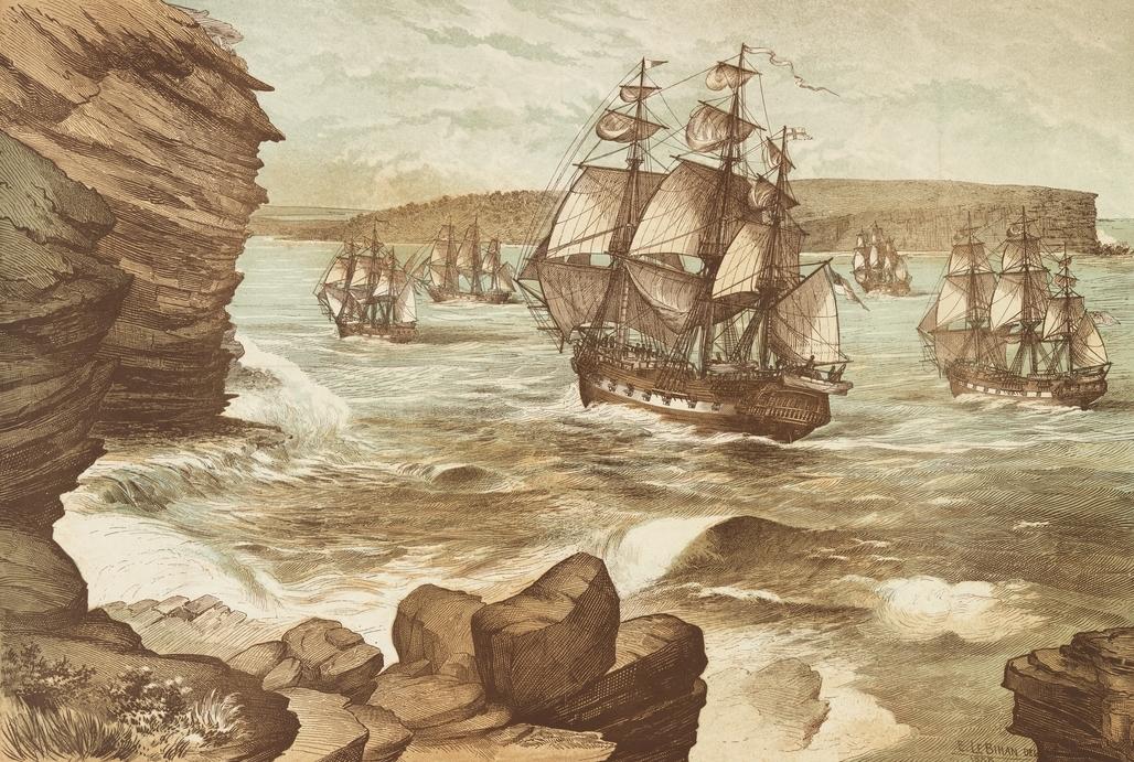 An artist's depiction of the first fleet of ships entering Port Jackson, a port in New South Wales (now Australia), in 1788. (Public Domain)
