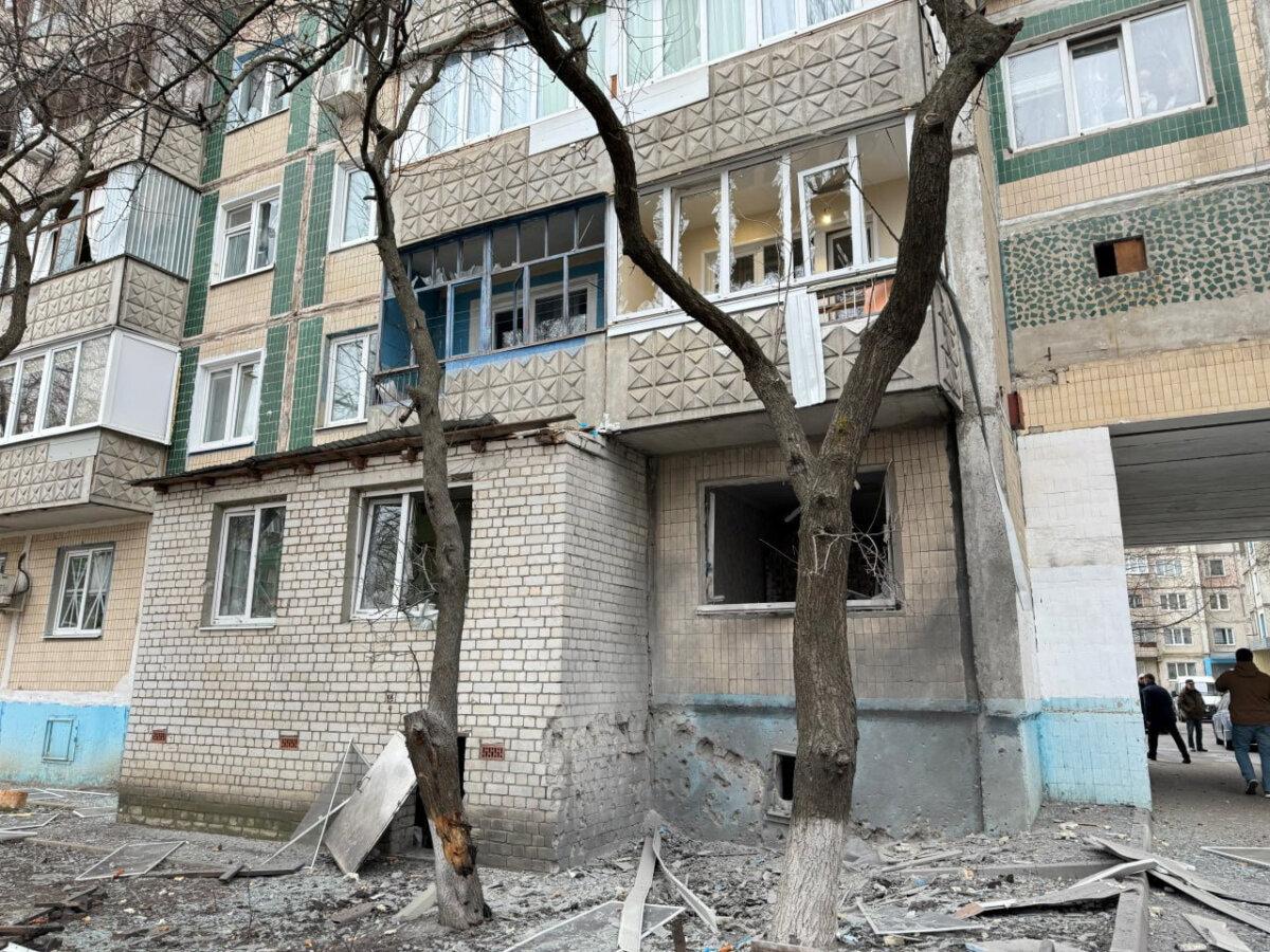 A photo shows a damaged apartment building following what local authorities said was a Ukrainian missile attack in Belgorod, Russia, on March 16, 2024. (Telegram channel of Governor of Belgorod Region Vyacheslav Gladkov/Handout via Reuters)