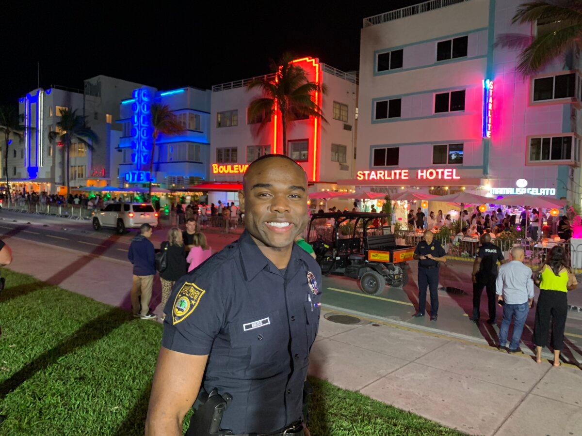 Miami Beach Police Department PIO Christopher Bess on Ocean Drive in Miami Beach, Fla. on March 14, 2024 (T.J. Muscaro/The Epoch Times).