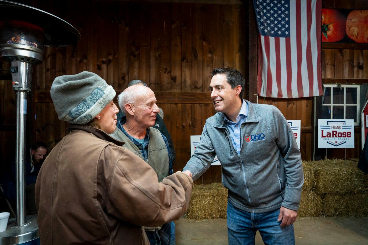 Frank LaRose, Ohio Republican candidate for U.S. Senate, greets his supporters during an event ahead of the primary at the Bender's Farm in Copley, Ohio, on March 18, 2024. (Madalina Vasiliu/The Epoch Times)