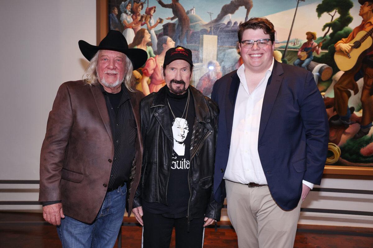 John Anderson, James Burton, and Toby Keith's son, Stelen Covel attend the announcement of the 2024 Country Music Hall of Fame Induction at the Country Music Hall of Fame and Museum in Nashville on March 18, 2024. (Terry Wyatt/Getty Images)
