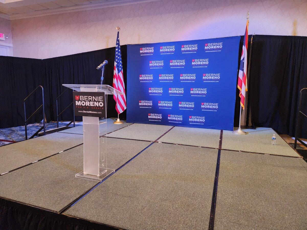 Bernie Moreno hopes to deliver a victory speech on this stage when the Ohio GOP Senate primary results are announced. (Jeff Louderback/The Epoch Times)