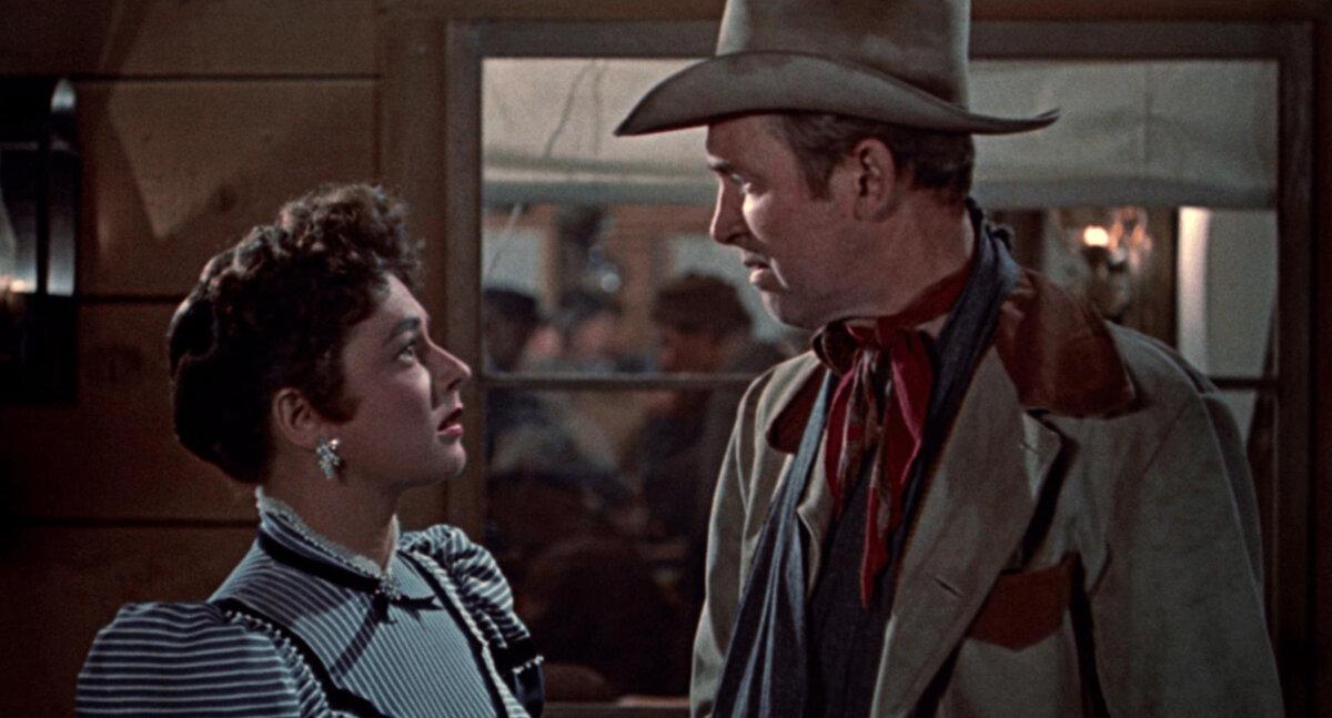 Ronda Castle (Ruth Roman) and Jeff Webster (James Stewart), in “The Far Country.” (Universal Pictures)