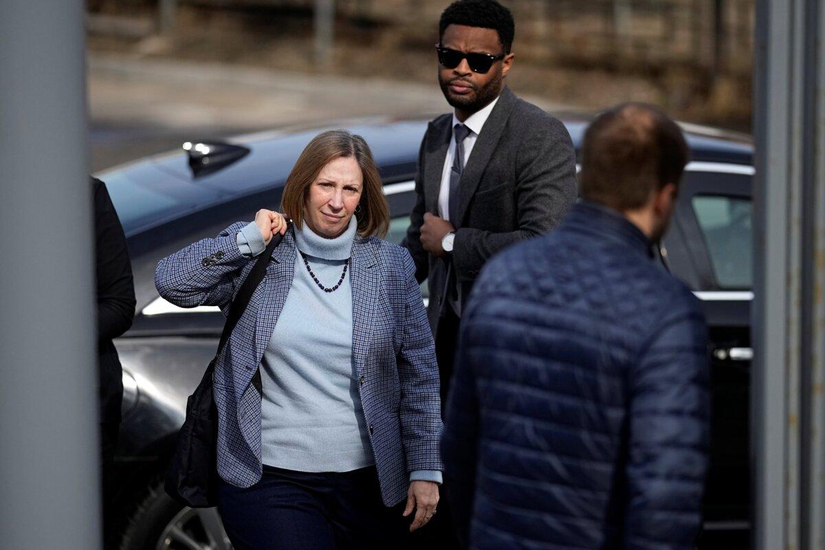 U.S. Ambassador to Russia Lynne Tracy (L) enters the Moscow City Court to attend hearing on Wall Street Journal reporter Evan Gershkovich's case in Moscow on March 26, 2024. (Alexander Zemlianichenko/AP Photo)