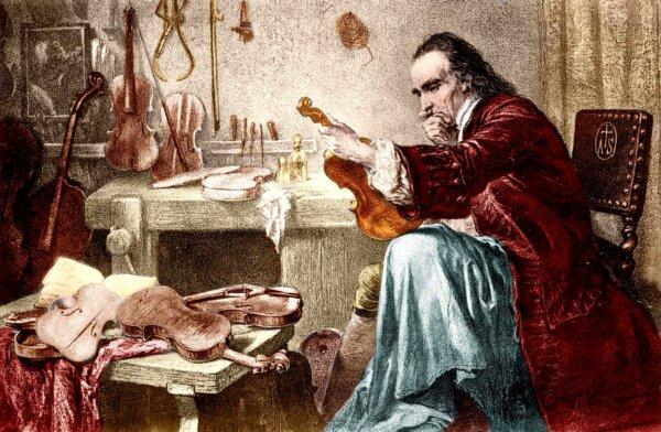 A romanticized print of Antonio Stradivari examining an instrument. (Public Domain)