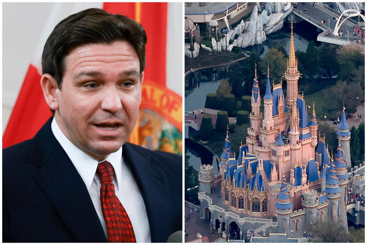 (Left) Florida Gov. Ron DeSantis speaks during a news conference in Miami Beach, Fla., on Feb. 5, 2024. (Right) Walt Disney World's iconic Cinderella Castle sits on the grounds of the theme park in Orlando, Fla., on Feb. 8, 2023. (Joe Raedle/Getty Images)