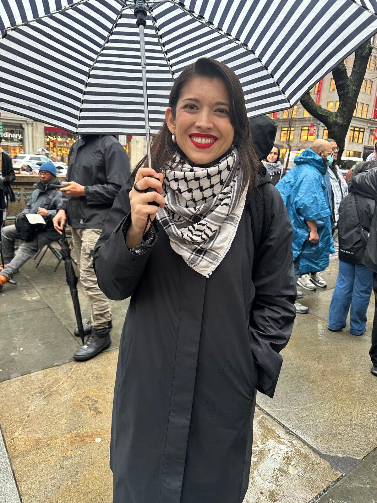 Karina Garcia, Socialist Party candidate for vice president, attends the "Abandon Biden" rally in New York on March 28, 2024. (Juliette Fairley/The Epoch Times)