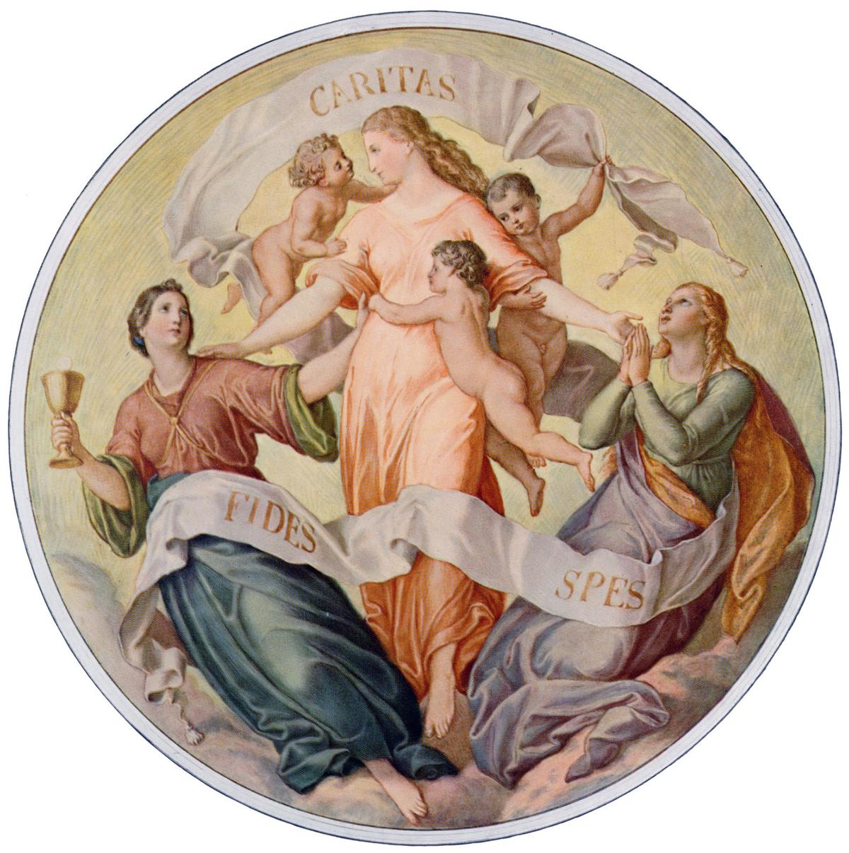 Depiction of Fides (Faith), Spes (Hope), and Caritas (Charity), 19th century, by Julius Schnorr von Carolsfeld. (Public Domain)