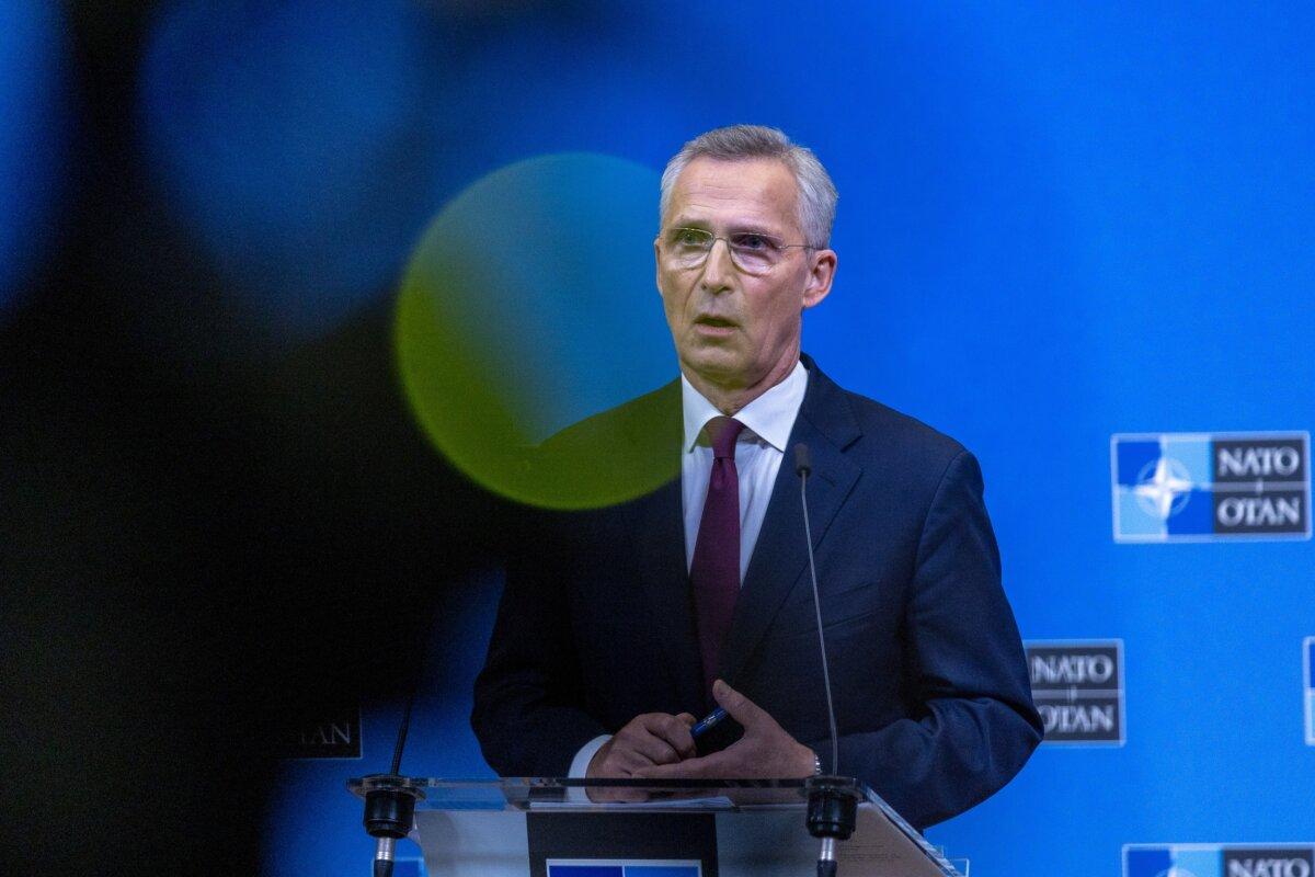 Secretary-General Jens Stoltenberg holds the closing press conference at NATO headquarters on the second day of the NATO Foreign Affairs Ministers' meeting in Brussels on April 4, 2024. (Omar Havana/Getty Images)