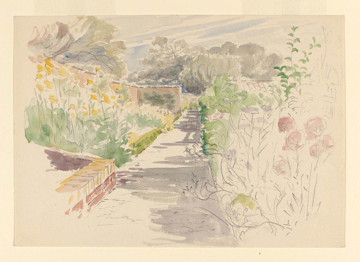 Sketch of the garden at Gwaynynog, Denbigh, probably March 1909, by Beatrix Potter. Watercolour over pencil. © Victoria and Albert Museum, London. (Courtesy of The Morgan Library & Museum)