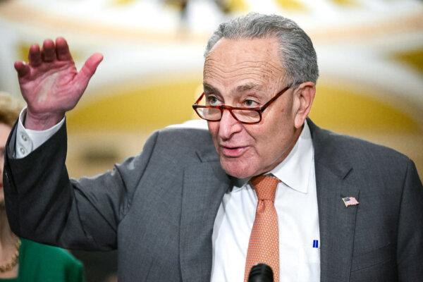 Senate Majority Leader Chuck Schumer (D-N.Y.) speaks to the press after the Democratic Party's weekly luncheon at the U.S. Capitol, on March 6, 2024. (Mandel Ngan/AFP via Getty Images)