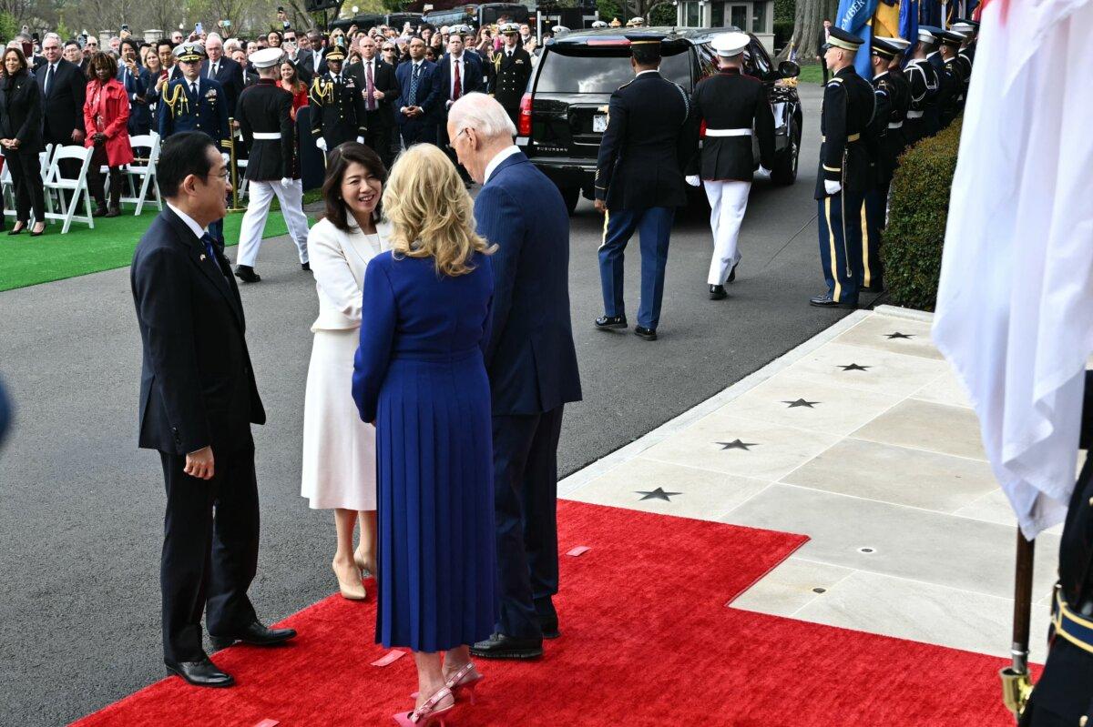 U.S. President Joe Biden and First Lady Jill Biden welcome Japanese Prime Minister Fumio Kishida and his wife, Yuko Kishida, to the White House on April 10, 2024. (Photo by Mandel Ngan/AFP via Getty Images)