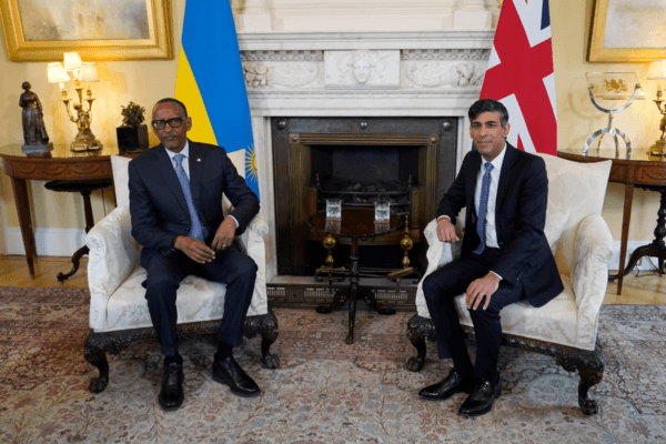 Prime Minister Rishi Sunak (R) and the President of Rwanda, Paul Kagame, ahead of their meeting at 10 Downing Street, London, on April 9, 2024. (Alberto Pezzali/PA Wire)
