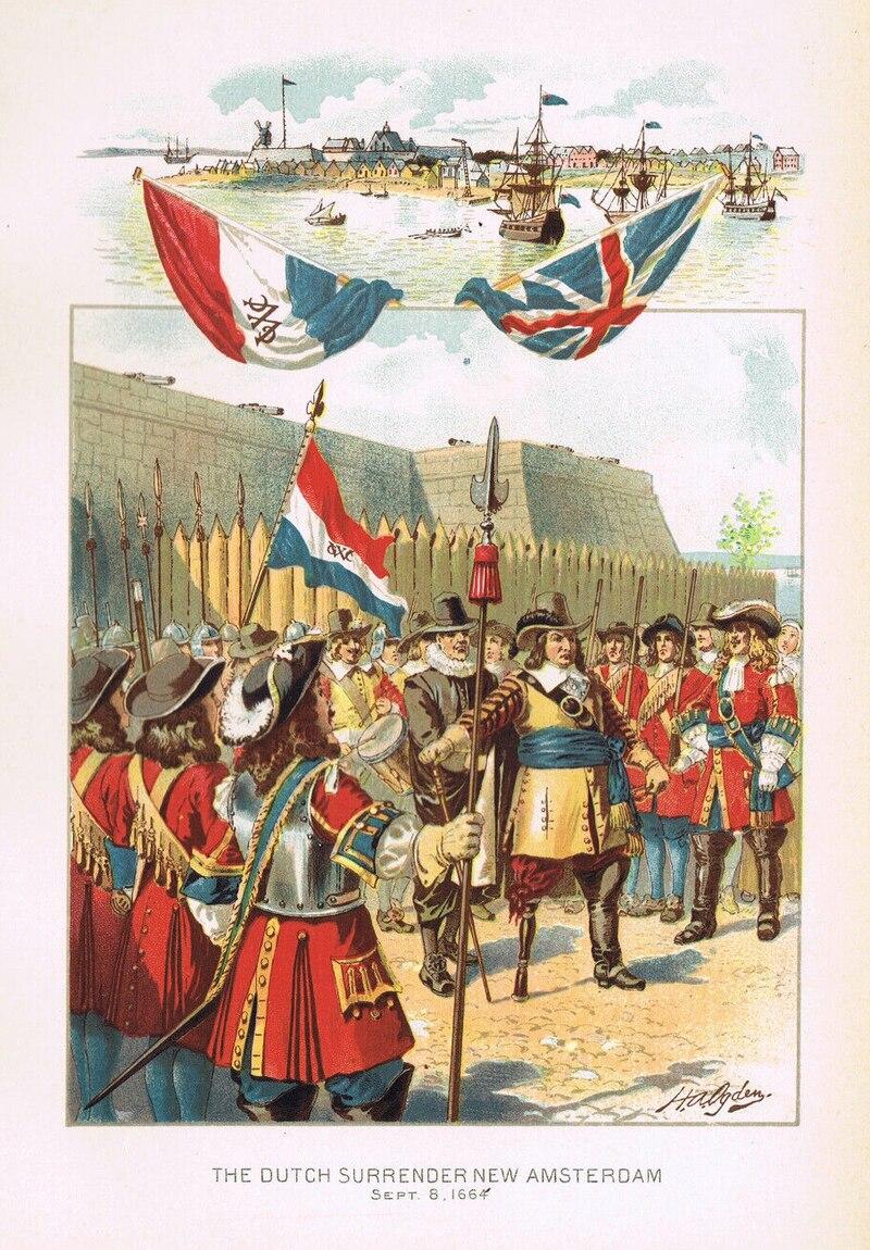 “The Dutch Surrender New Amsterdam. September 8, 1664,” 1897, Henry Alexander Ogden. Colored Lithograph from “Ellis's History of Our Country.” (Public Domain)