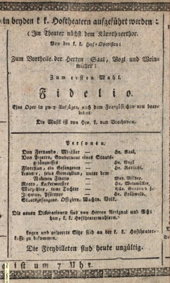 Playbill of the performance of Ludwig van Beethoven's opera Fidelio (third and final version) on May 23, 1814 at the Theater am Kärntnertor. (Public Domain)