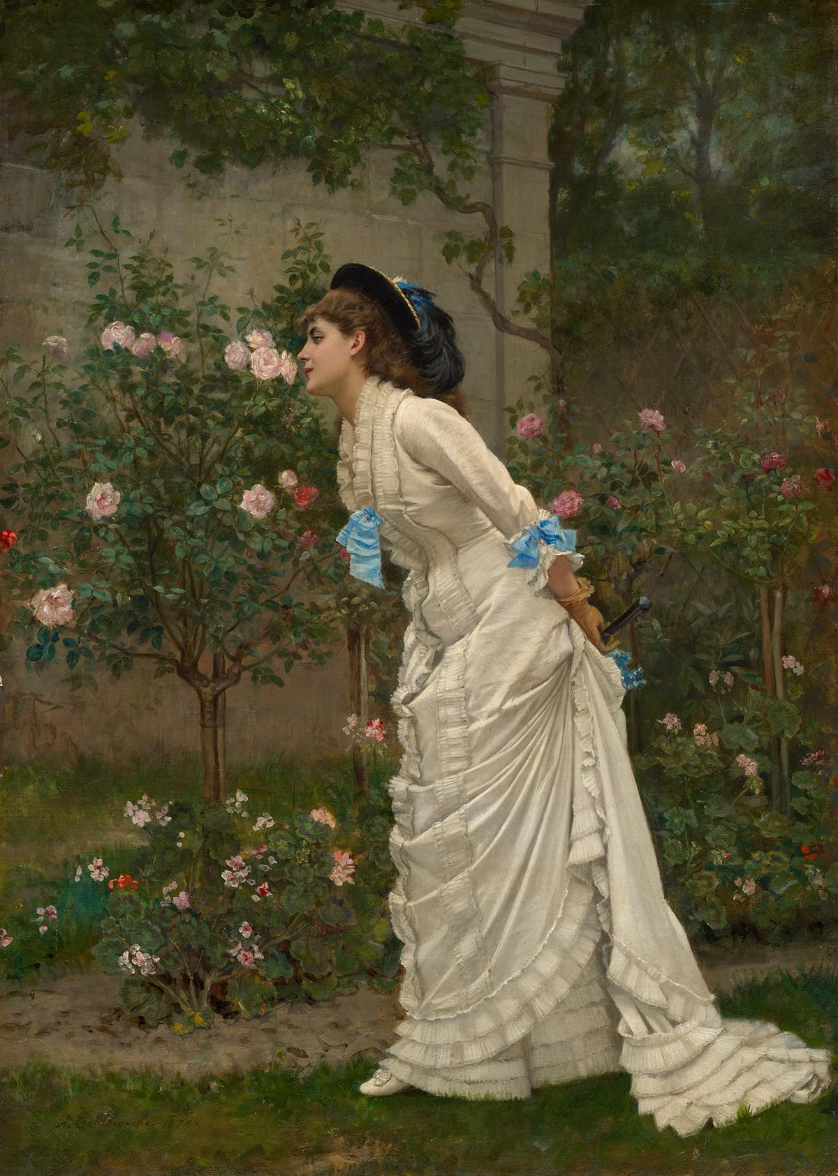 "Woman and Roses," 1879, by Auguste Toulmouche. Oil on canvas. Clark Art Institute, Williamstown, Mass. (Public Domain)