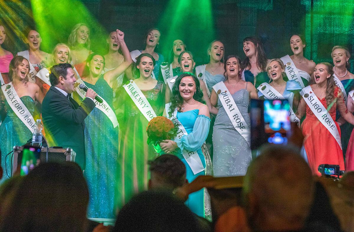 Winner of the 2022 Rose of Tralee pageant, Rachel Duffy from Westmeath receives her award during the live show in Tralee Co. Kerry, Ireland, on Aug. 23. (Paul Faith/Getty Images)