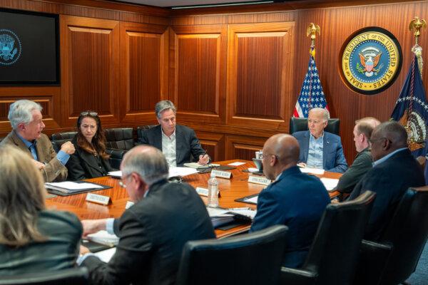 President Joe Biden meets with members of the National Security team regarding the unfolding missile attacks on Israel from Iran in the White House Situation Room in Washington on April 13, 2024. (Adam Schultz/The White House via Getty Images)