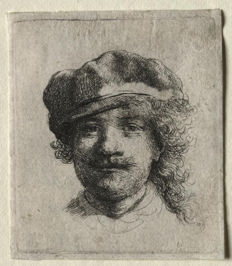 A similar version of this Rembrandt etching was stolen from the Gardner Museum in 1990. Self-portrait wearing a soft cap, circa 1634, by Rembrandt. Etching; 2 1/16 inches by 1 7/8 inches. The Cleveland Museum of Art. (Public Domain)