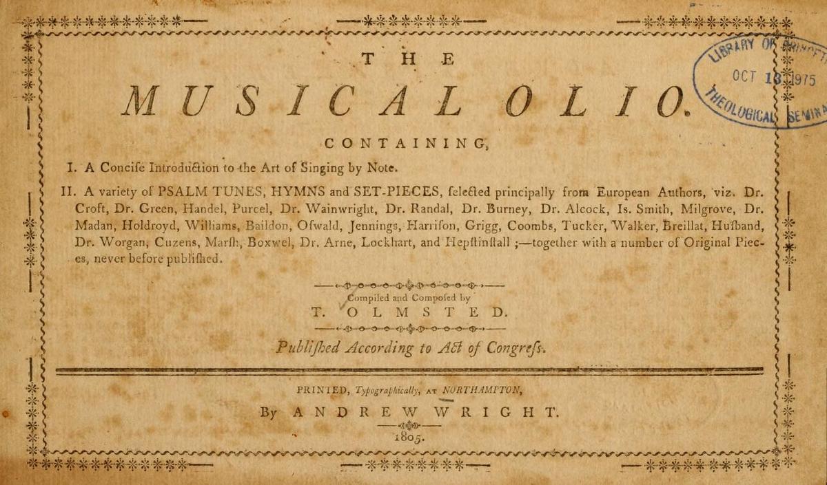 Table of contents from the 1805 publication of "The Musical Olio," by Timothy Olmsted. Internet Archive. (Public Domain)