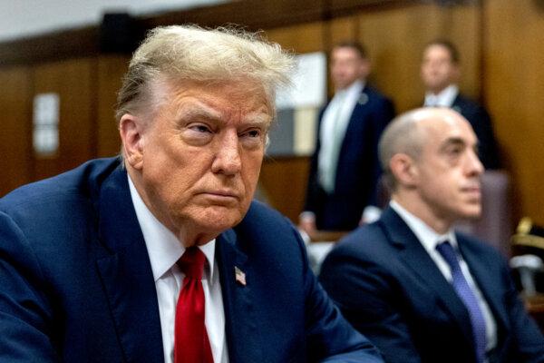 Former President Donald Trump appears ahead of the start of jury selection at Manhattan Criminal Court on April 15, 2024. (Jeenah Moon/Getty Images)