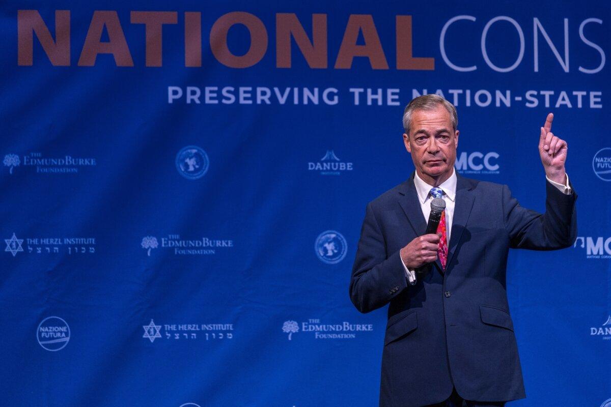 Nigel Farage gives a speech on the first day of the National Conservatism Conference at the Claridge in Brussels on April 16, 2024. (Omar Havana/Getty Images)