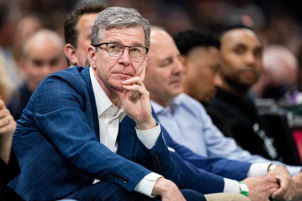 North Carolina Governor Roy Cooper looks on during an NBA game at Spectrum Center in Charlotte, N.C., on April 7, 2022. (Jacob Kupferman/Getty Images)