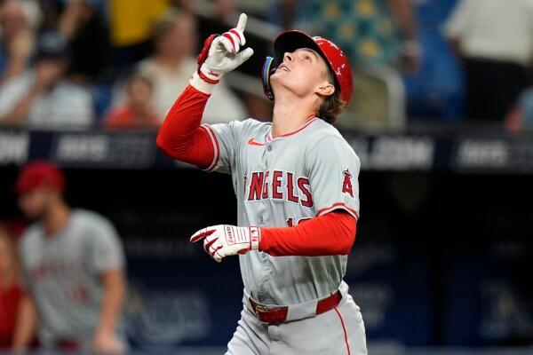 Los Angeles Angels' Mickey Moniak celebrates his two-run home run off Tampa Bay Rays starting pitcher Aaron Civale during the fourth inning of a baseball game in St. Petersburg, Fla., on April 16, 2024. (Chris O'Meara/AP Photo)