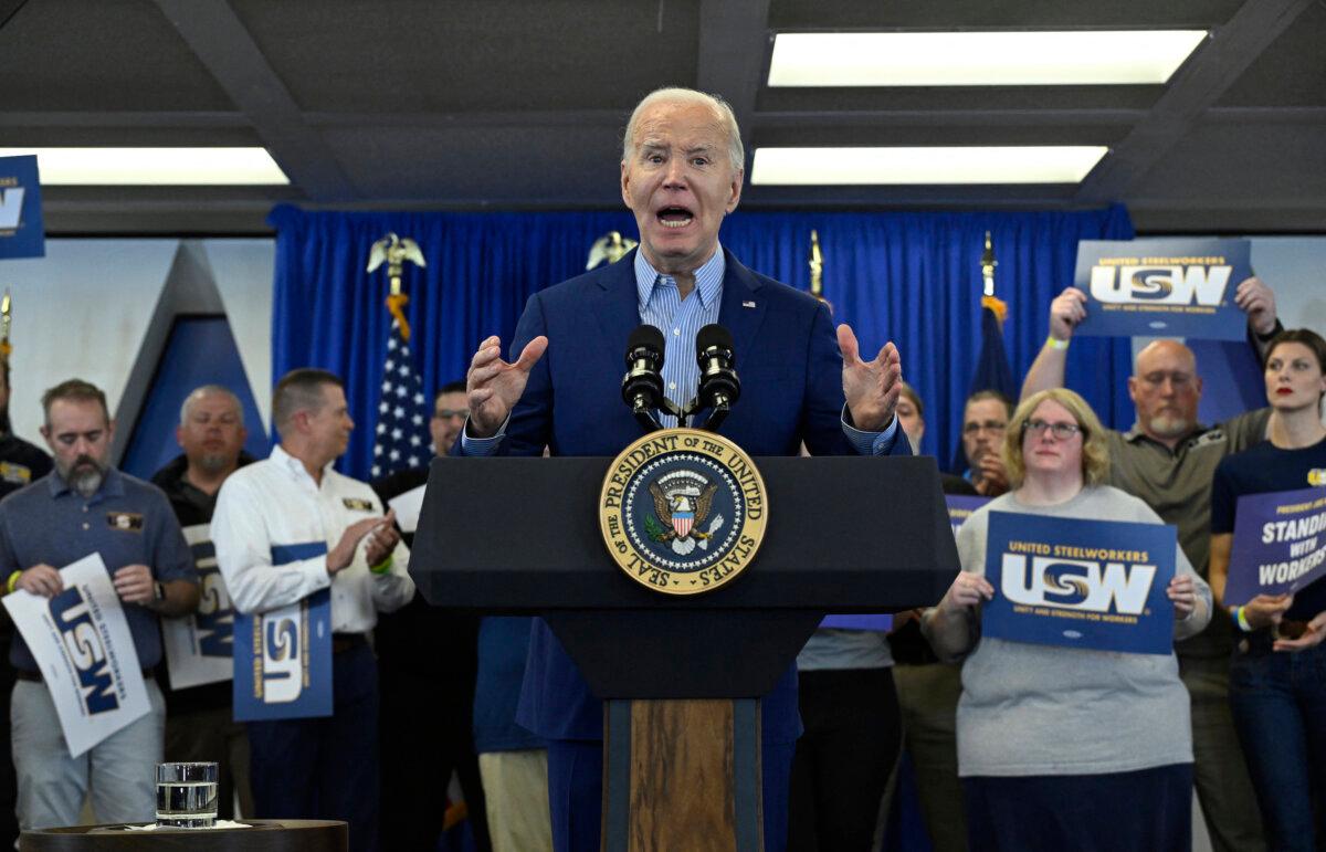 President Joe Biden speaks during an event at the United Steelworkers Headquarters in Pittsburgh, Penn., on April 17, 2024. President Biden is urging a tripling of tariffs on Chinese steel and aluminum, citing "unfair competition" while seeking to win blue-collar votes in November's election. (ANDREW CABALLERO-REYNOLDS/AFP)