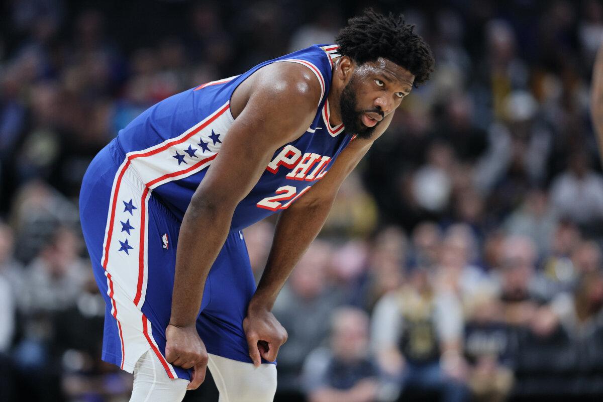 Joel Embiid #21of the Philadelphia 76ers during the first half against the Indiana Pacers at Gainbridge Fieldhouse in Indianapolis, Ind., on Jan. 25, 2024. (Andy Lyons/Getty Images)