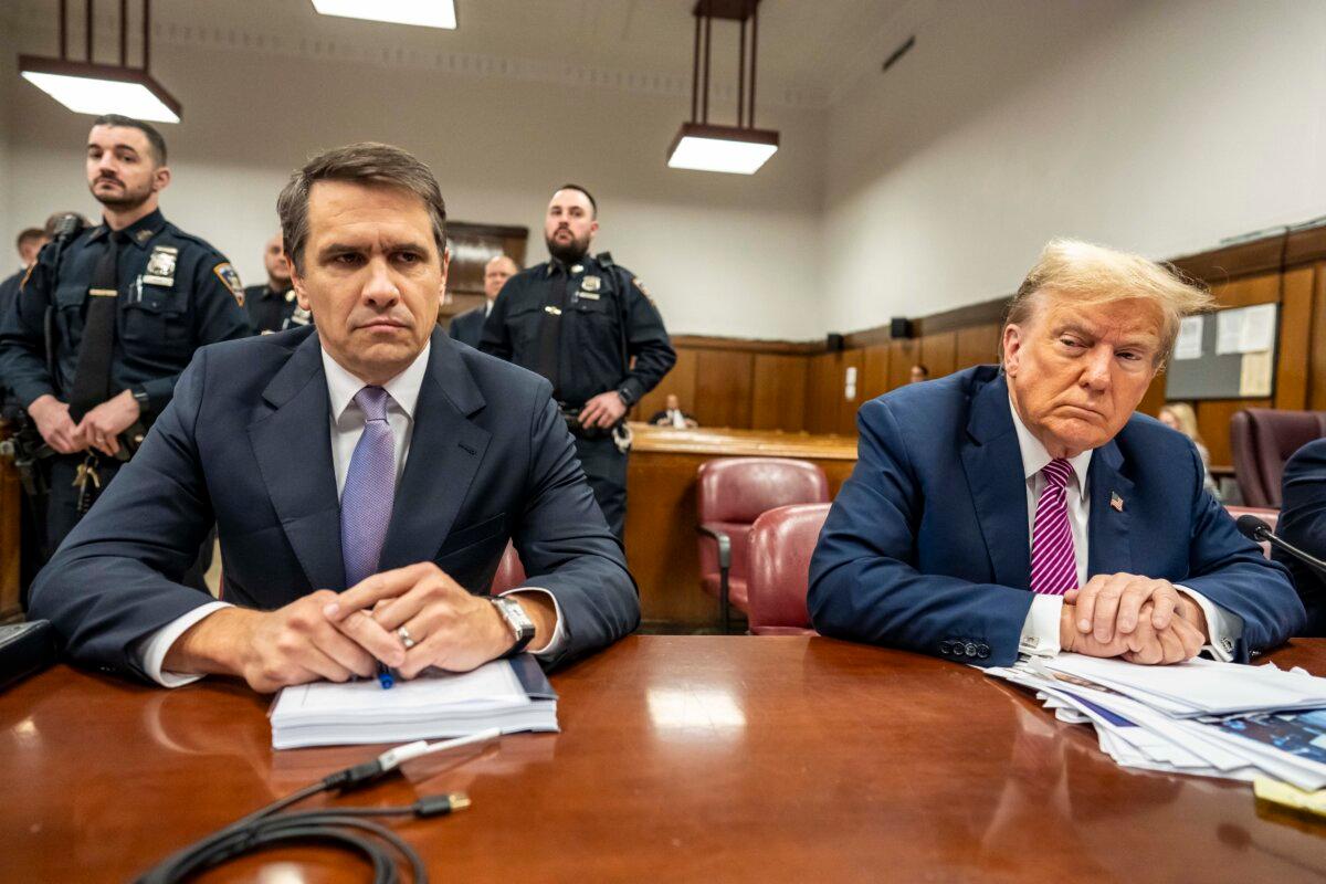 Former President Donald Trump (R) sits with his attorney Todd Blanche during his criminal trial as jury selection continues at Manhattan Criminal Court in New York City on April 19, 2024. (Mark Peterson/Pool via Getty Images)