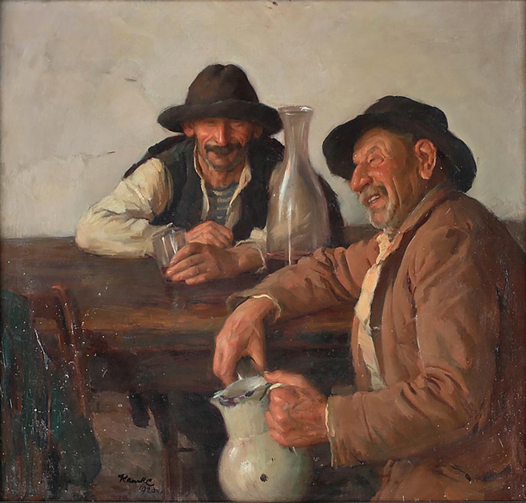 Miniver is tragic for his addiction to nostalgia and the escape he seeks at the bottom of a bottle. "Drinking Men," 1920, by Ivar Kamke. (Public Domain)