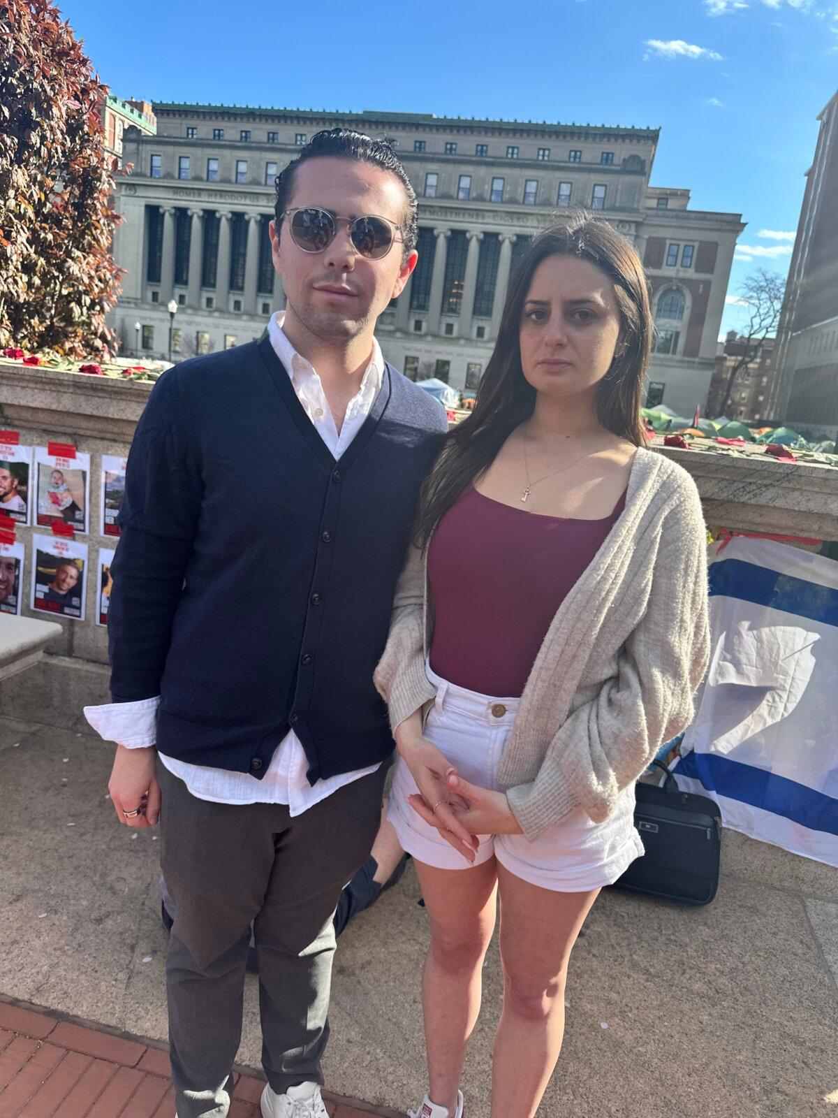 Columbia University undergraduates Davy and Saar Noy react to House Speaker Mike Johnson's April 24, 2024 visit (Juliette Fairley/The Epoch Times)