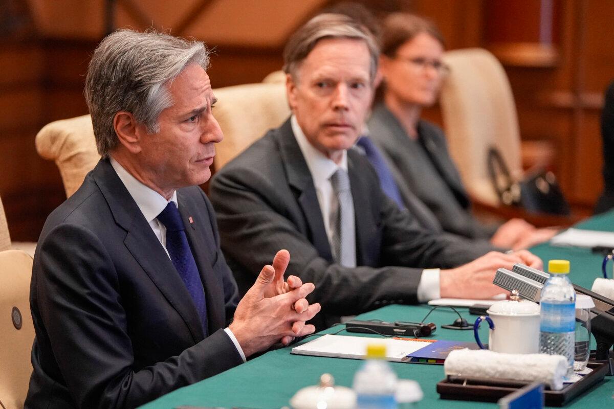 U.S. Secretary of State Antony Blinken (L) gestures as he holds talks at the Diaoyutai State Guesthouse in Beijing on April 26, 2024. (Mark Schiefelbein/Pool/AFP via Getty Images)