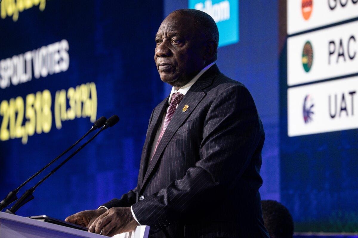 President of the ruling African National Congress (ANC) and South African President Cyril Ramaphosa speaks to the audience during the official election results announcement ceremony at the IEC National Results Center, in Johannesburg, South Africa, on June 2, 2024. (Chris McGrath/Getty Images)
