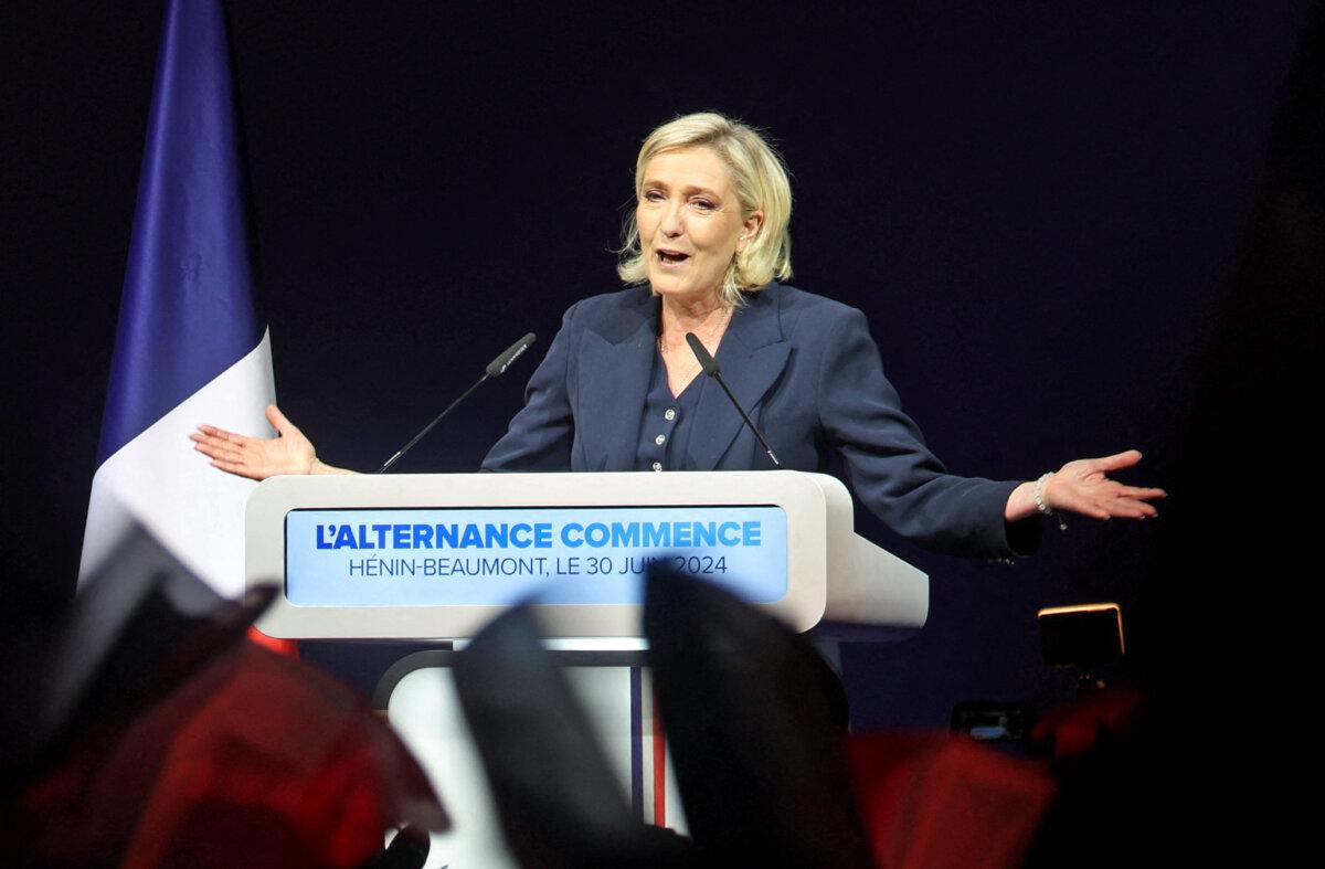 Former president of the National Rally party Marine Le Pen gives a speech during the results evening of the first round of the parliamentary elections in Henin-Beaumont, France, on June 30, 2024. (Francois Lo Presti/AFP via Getty Images)