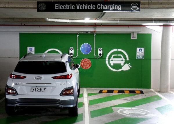 A Hyundai KONA Electric charges at an EV charge station in Sydney, Australia, on Jan. 19, 2021. (Brendon Thorne/Getty Images)