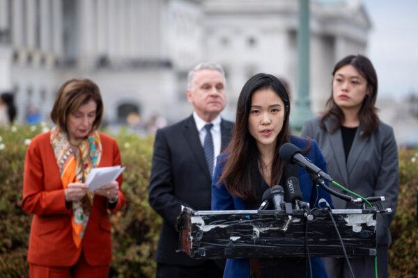 Frances Hui, policy and advocacy coordinator of the Committe for Freedom in Hong Kong (CHK) Foundation, speaks during a press conference at House Triangle on Capitol Hill in Washington on Nov. 19, 2024. (Madalina Vasiliu/The Epoch Times)