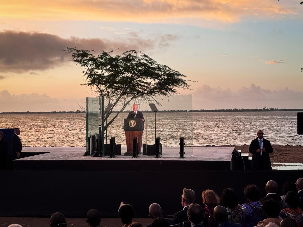 President Joe Biden delivers remarks at the National Slavery Museum in Morro da Cruz, Luanda, Angola, on Dec. 3, 2024. (Emel Akan/The Epoch Times)