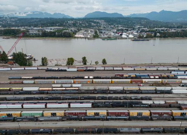 Train cars are seen on the tracks in an aerial view at Canadian National Rail's Thornton Yard on the Fraser River, in Surrey, B.C., on Aug. 22, 2024. (The Canadian Press/Darryl Dyck)