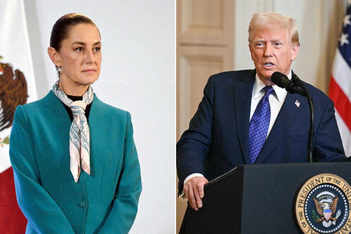 (Left) Mexico's President Claudia Sheinbaum listens to a question at the National Palace in Mexico City on Nov. 6, 2024; (Right) President Donald Trump speaks in the East Room of the White House in Washington, on Jan. 29, 2025. (Alfredo Estrella, Pedro Ugarte/AFP via Getty Images)