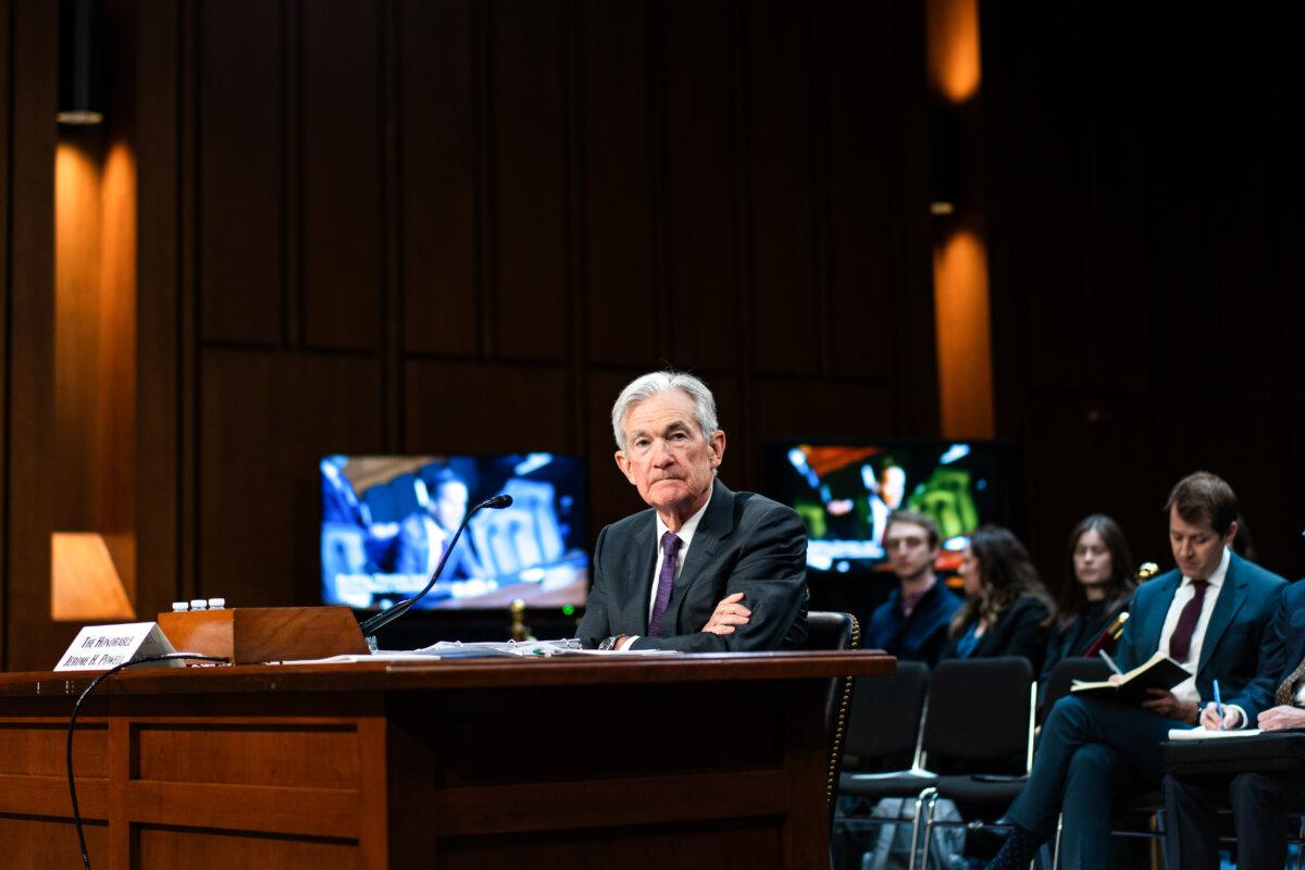 Federal Reserve chairman Jerome Powell testifies before the Senate Committee on Banking, Housing, and Urban Affairs on Capitol Hill in Washington, on Feb. 11, 2025.(Madalina Vasiliu/The Epoch Times)