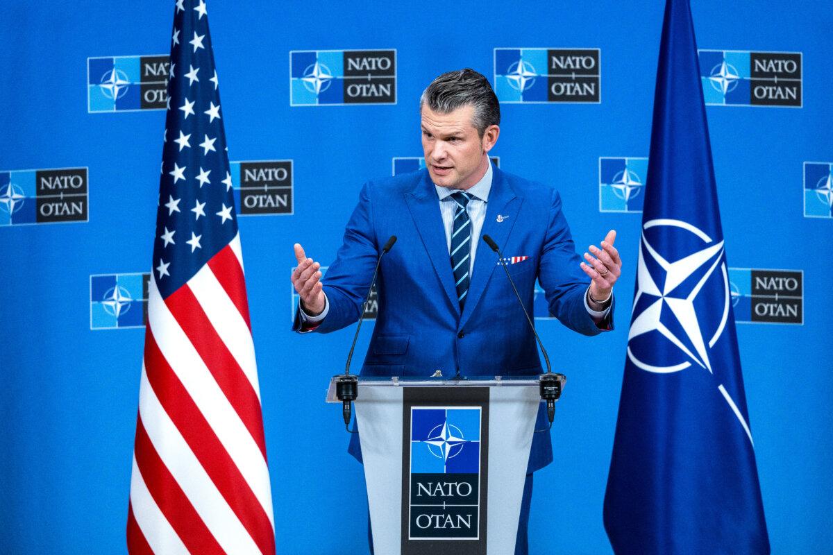U.S. Secretary of Defense Pete Hegseth holds his closing press conference at the end of a defense ministers' meeting at NATO headquarters in Brussels on Feb. 13, 2025. (Omar Havana/Getty Images)
