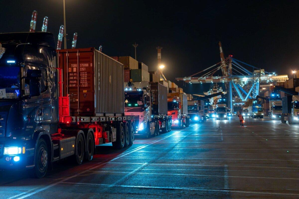 Trucks carrying a shipment of U.S. heavy bombs arrive in Ashdod Port, Israel, on Feb. 15, 2025. (Israel Ministry of Defense)