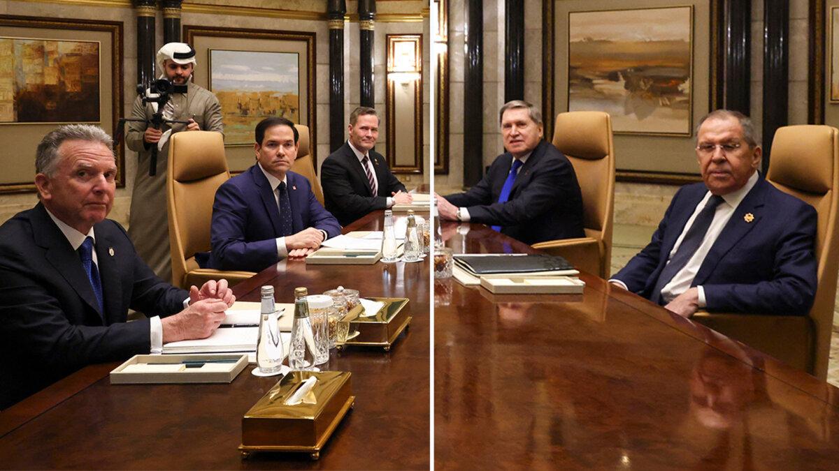 U.S. Middle East envoy Steve Witkoff; U.S. Secretary of State Marco Rubio; U.S. national security adviser Mike Waltz; the Russian president's foreign policy adviser, Yuri Ushakov; and Russian Foreign Minister Sergey Lavrov meet in Riyadh, Saudi Arabia, on Feb. 18, 2025. (Evelyn Hockstein/Pool/AFP via Getty Images)